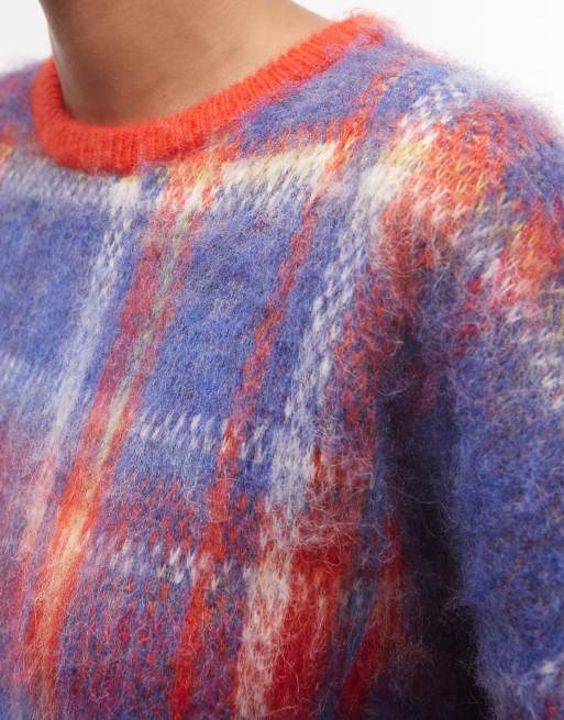 Reclaimed Vintage pull col rond en maille brossée à carreaux rouges, 3 de 4