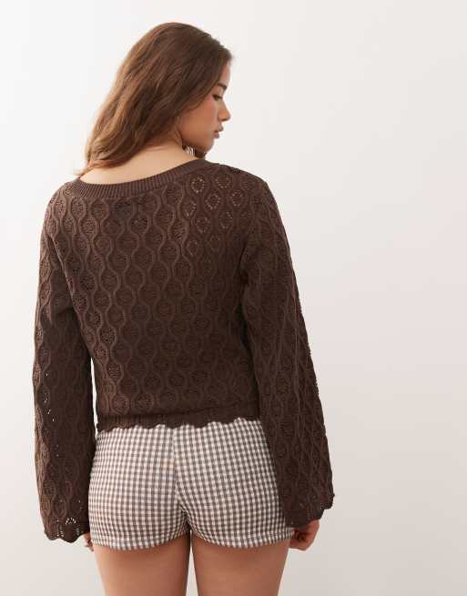 Reclaimed Vintage - Pull coupe carrée en maille crochet avec manches évasées - Marron chocolat, 4 de 4