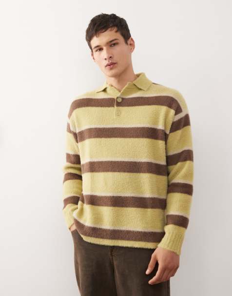 Reclaimed Vintage - Pull en maille brossée à rayures et col polo - view 1