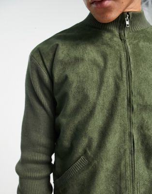 Reclaimed Vintage knitted zip through suede mix jumper in khaki - ASOS Price Checker