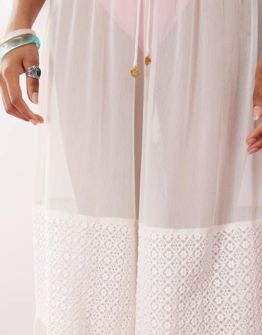 Reclaimed Vintage pull on balloon beach pants with lace inserts and adjustable ties in white, 3 of 5
