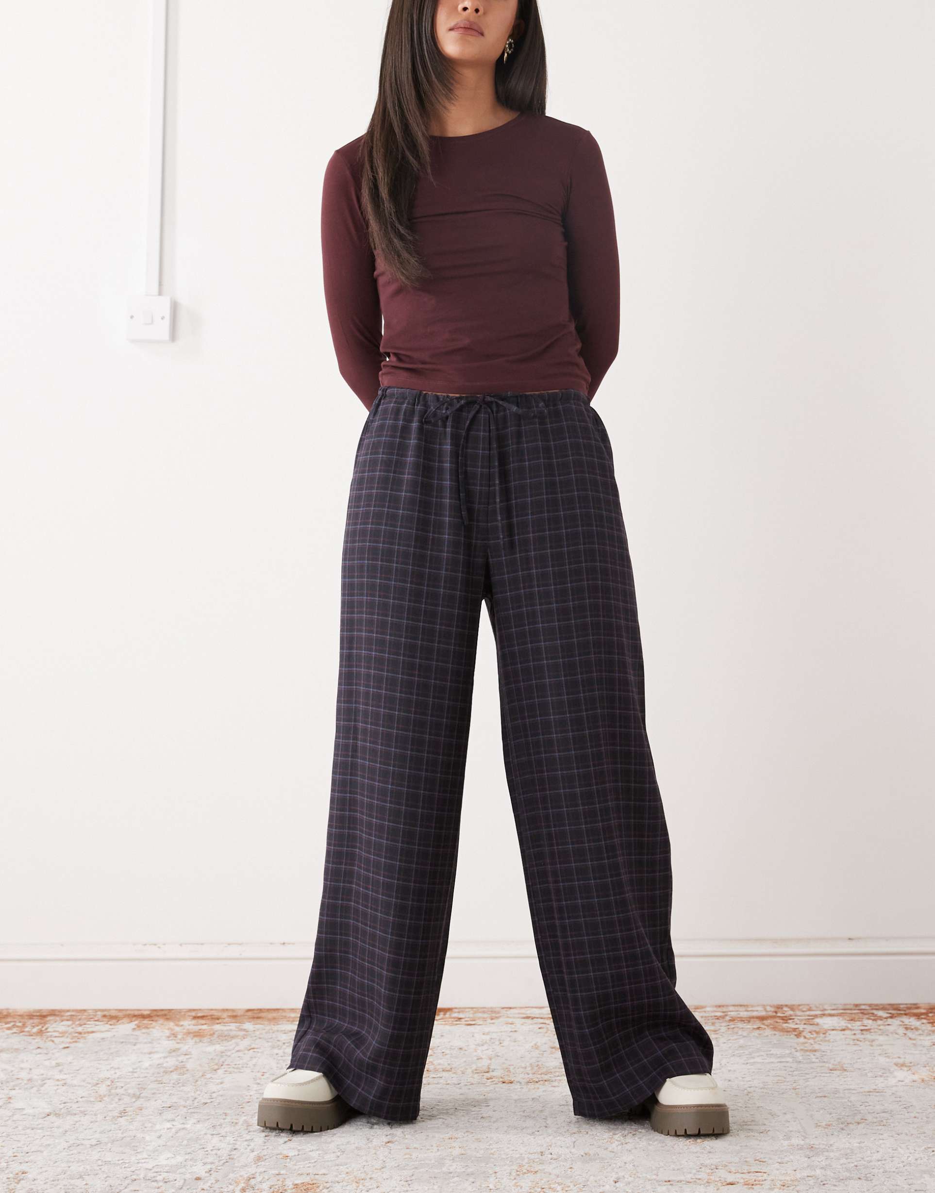 reclaimed vintage pull on barrel leg pants in burgundy plaid