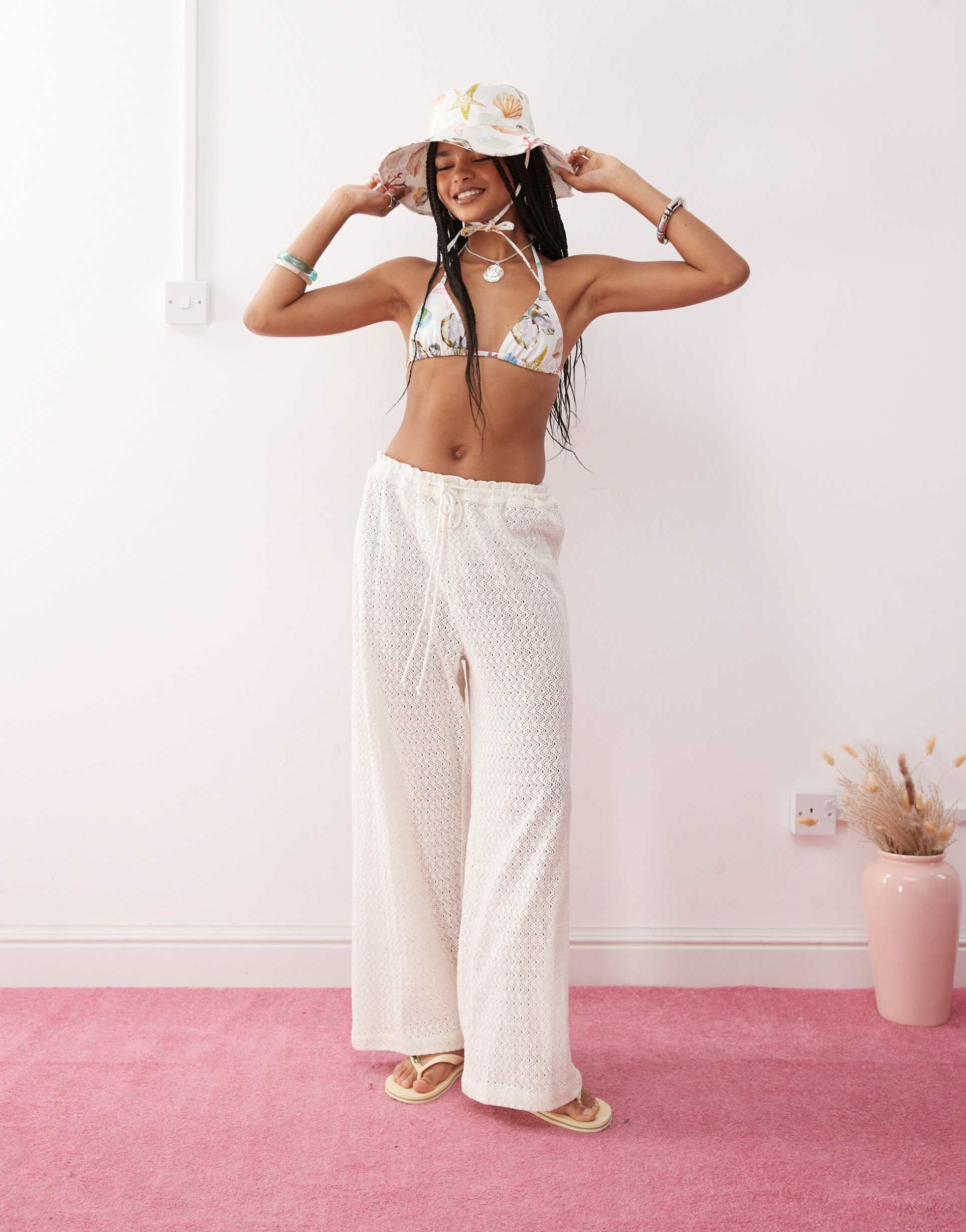 reclaimed vintage pull on beach crochet pants in white