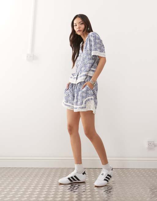 Reclaimed Vintage pull on boxy short with crochet trim in blue gingham