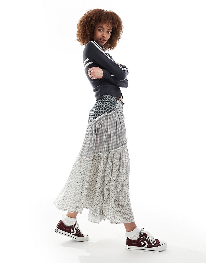 Reclaimed Vintage pull on maxi skirt in mixed checks-Multi