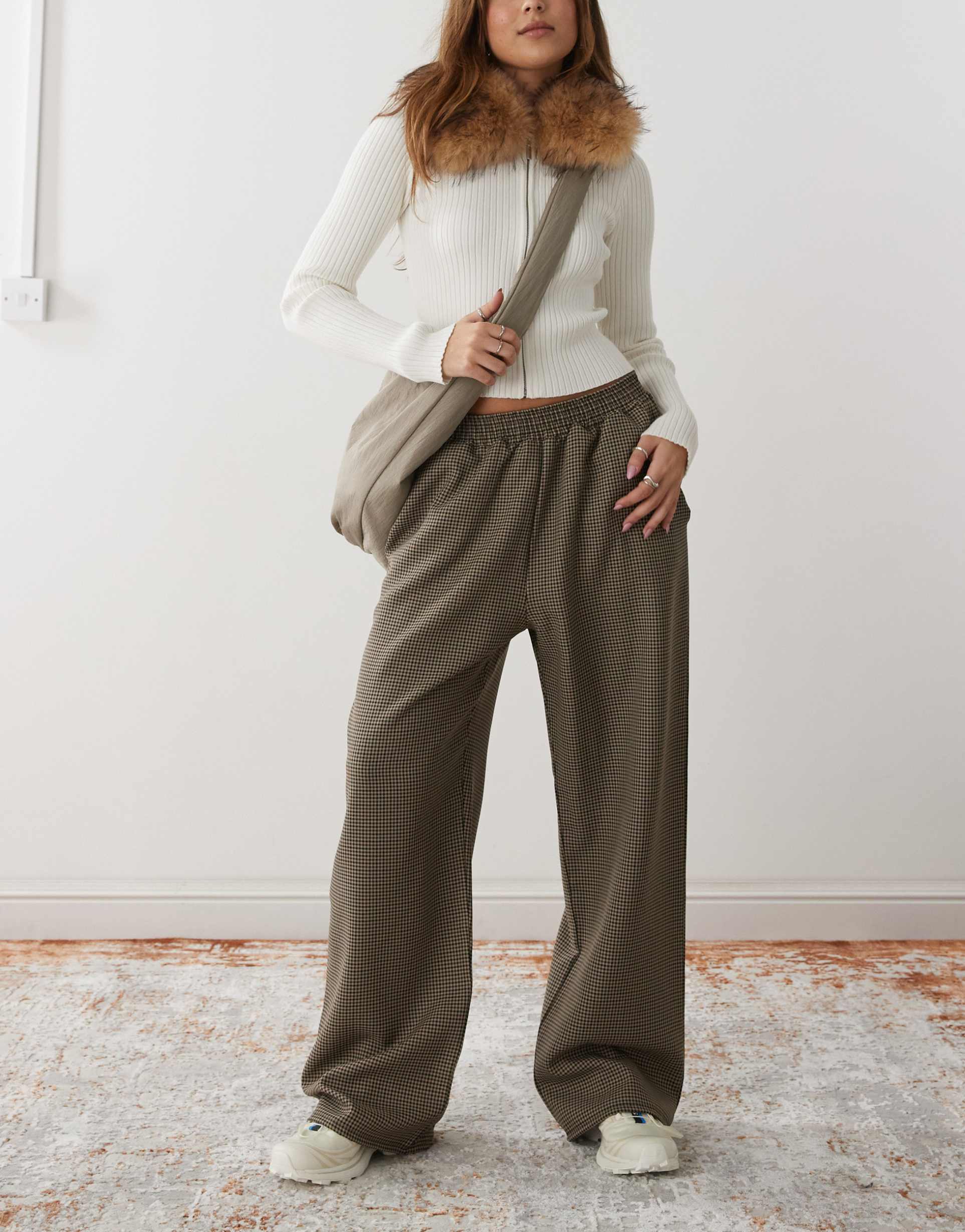 reclaimed vintage pull-on pants in brown mini check