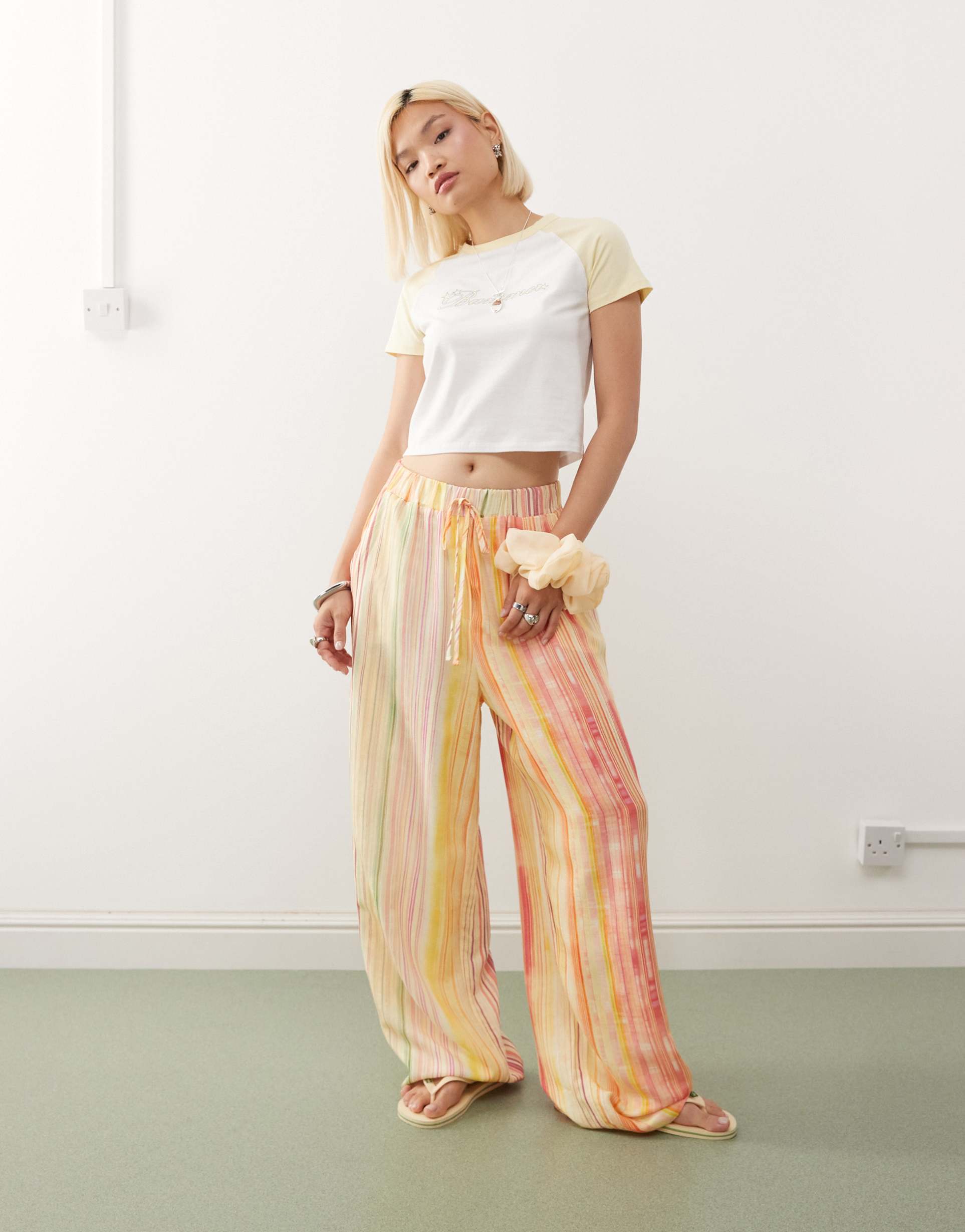 reclaimed vintage pull on pants in pink and yellow stripe