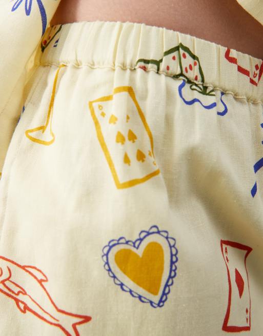 Reclaimed Vintage pull on relaxed beach shorts in yellow postcard print, 2 of 5