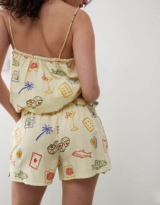 Reclaimed Vintage pull on relaxed beach shorts in yellow postcard print, 3 of 5