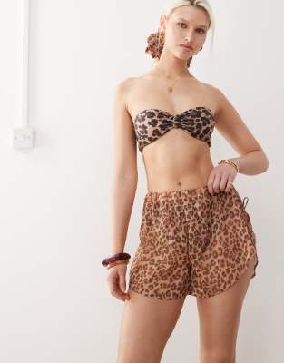 pull on sheer beach shorts with tie sides in leopard print - part of a set-Multi