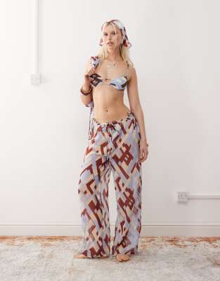Reclaimed Vintage pull on sheer beach trouser in geo print-Multi