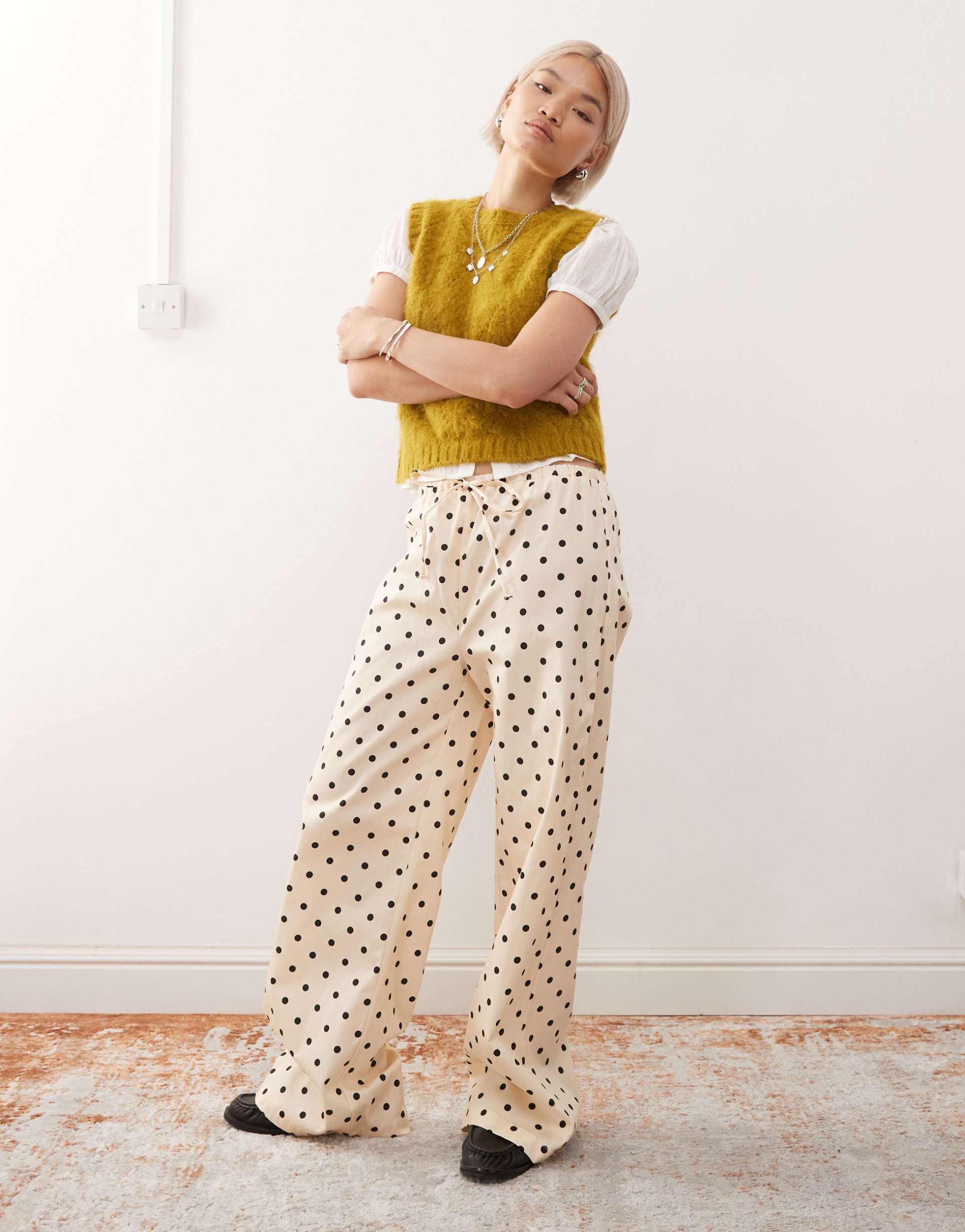 reclaimed vintage pull on wide leg pants in cream and black polka dot print