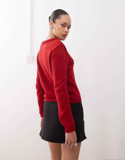 Reclaimed Vintage - Pull ras de cou en maille à manches longues - Rouge cerise, 4 de 4