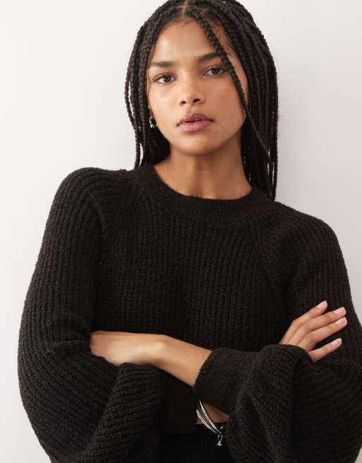 Reclaimed Vintage - Pull ras de cou en maille avec manches ballon raglan - Noir, 2 de 4