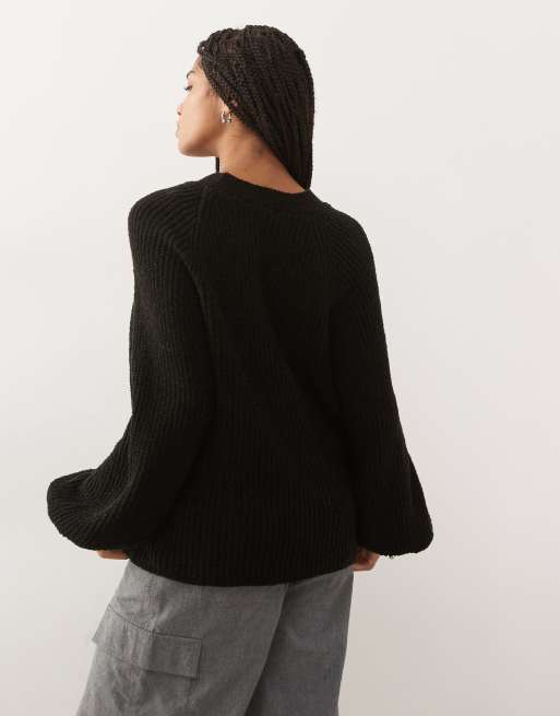Reclaimed Vintage - Pull ras de cou en maille avec manches ballon raglan - Noir, 3 de 4
