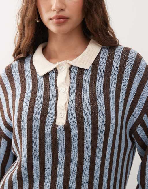 Reclaimed Vintage - Pull rayé en maille avec col polo - Marron/bleu, 3 de 4