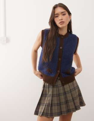 Pull sans manches boutonné à fleurs - Bleu marine et marron XS
