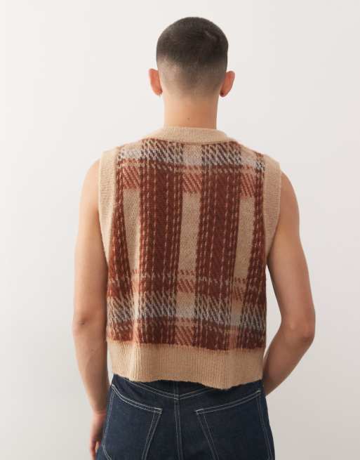Reclaimed Vintage - Pull sans manches ras de cou en maille à carreaux - Marron , 3 de 5