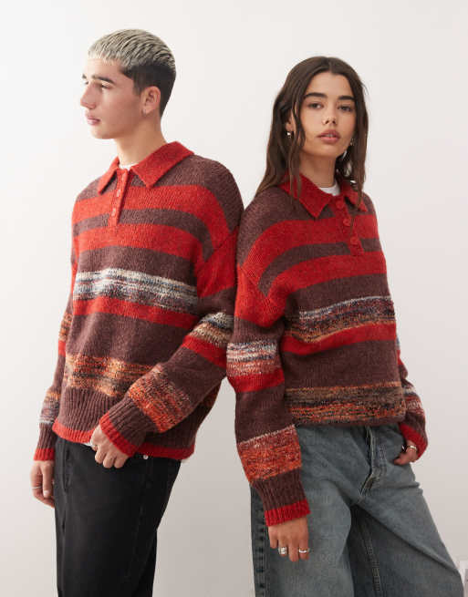 Reclaimed Vintage - Pull style polo rayé unisexe - Rouge et marron 