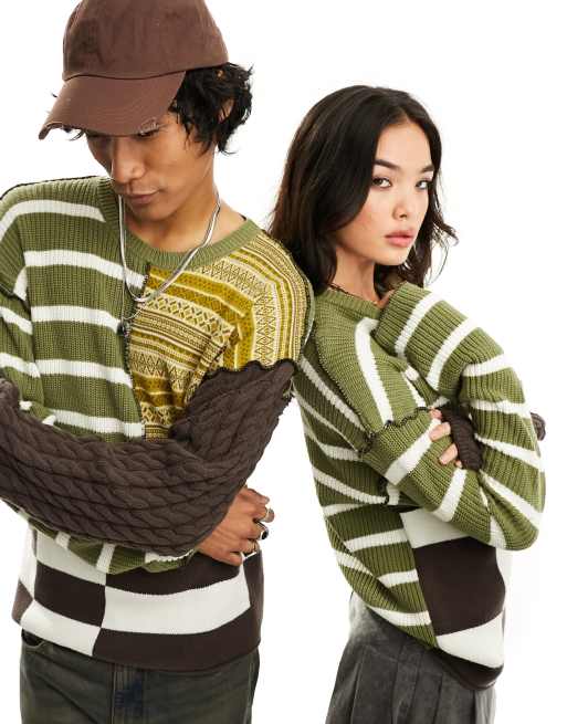Reclaimed Vintage - Pull unisexe en maille à motif patchwork et rayures effet divisé