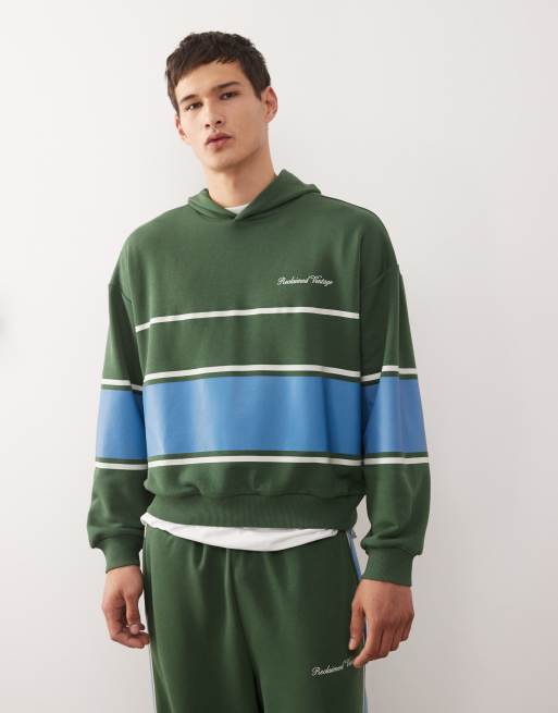 Reclaimed Vintage pullover hoodie with stripe in green (Part of a set)