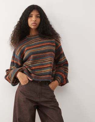 Reclaimed Vintage - Pullover in Grün und Braun mit Ballonärmeln-Bunt