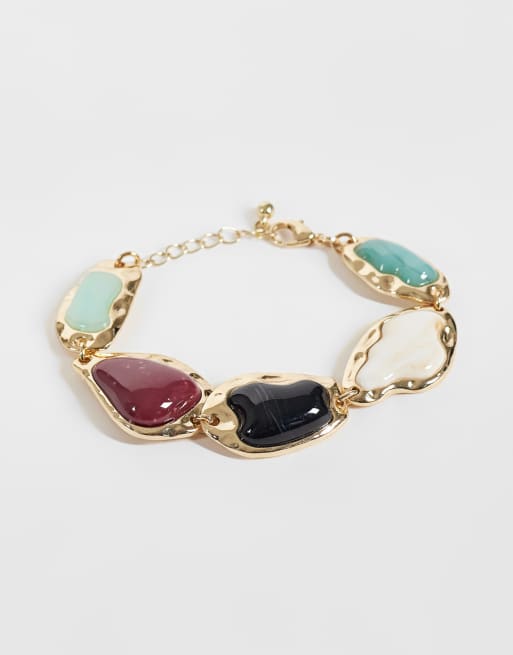 Reclaimed Vintage - pulsera dorada fundida con varias piedras semipreciosas sintéticas