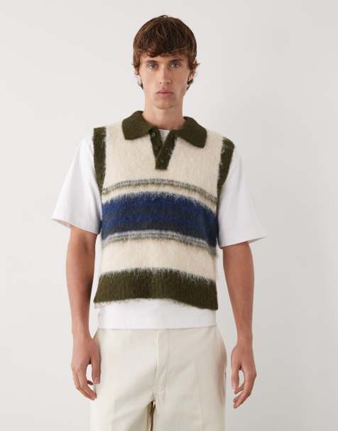 Reclaimed Vintage fluffy knitted tank with collar detail in multi stripe