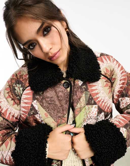 Reclaimed Vintage quilted retro patchwork jacket with borg collar