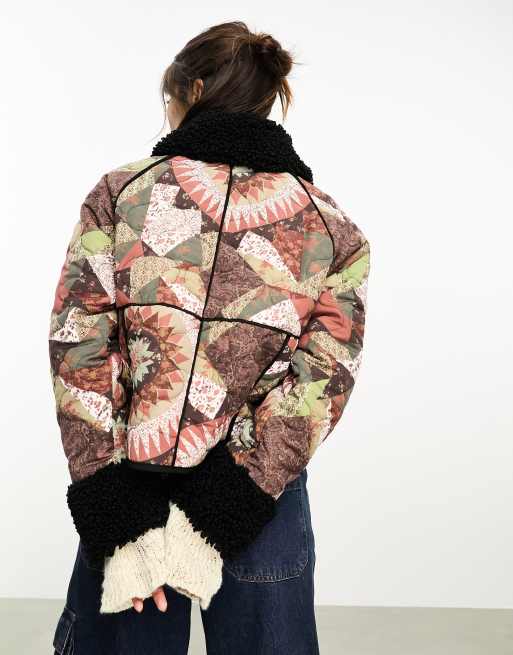 Reclaimed Vintage quilted retro patchwork jacket with borg collar