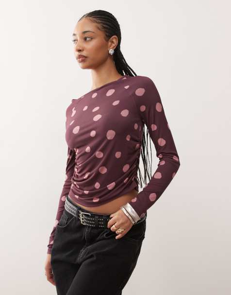 Reclaimed Vintage raglan long sleeve top in purple and pink polka dot print - view 1