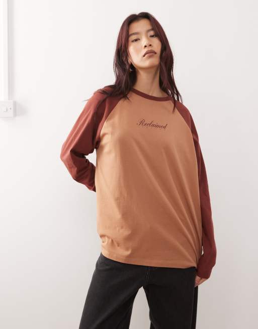 Reclaimed Vintage raglan long sleeve top with burgundy contrast sleeves 