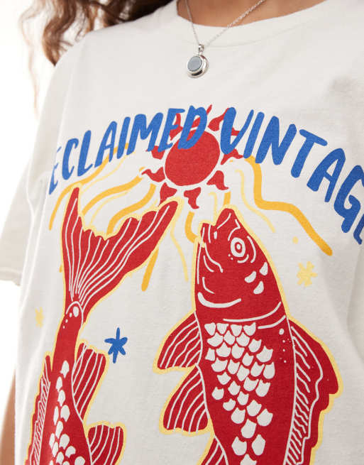 Reclaimed Vintage - Råhvid og oversized T-shirt med fiskegrafik, 4 af 4