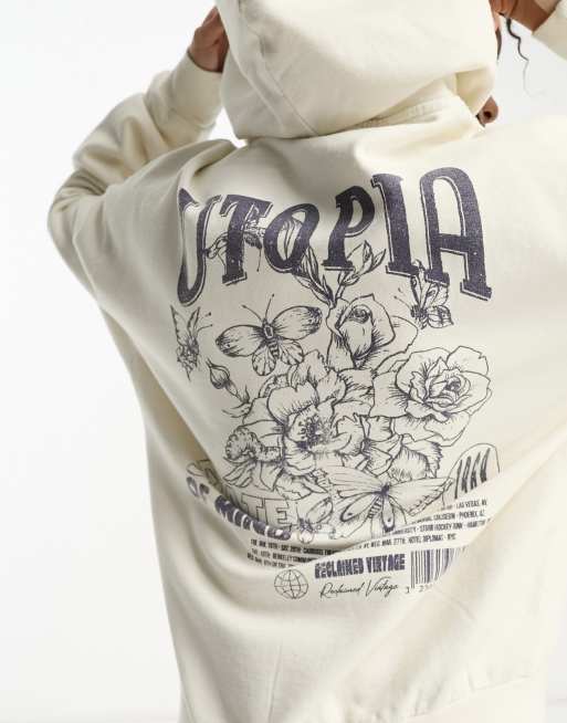 Reclaimed Vintage - Råhvid unisexhættetrøje med Utopia-print, 4 af 4
