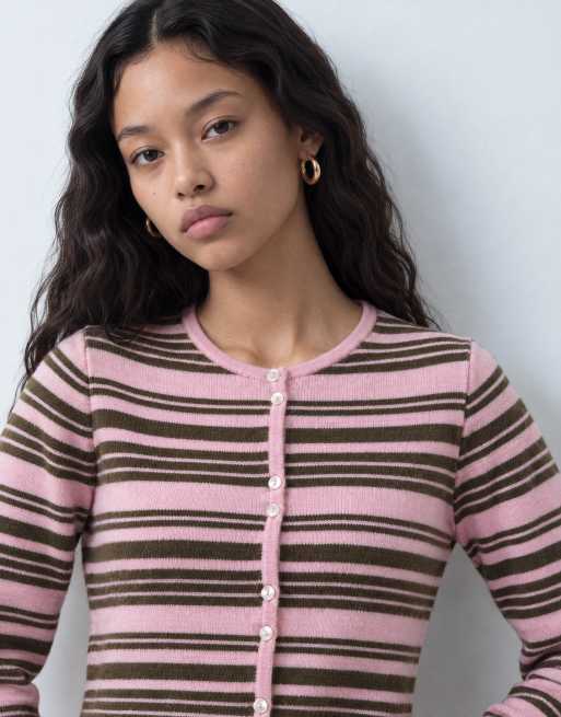 Reclaimed Vintage randig stickad kofta i rosa och brun, 9 av 10
