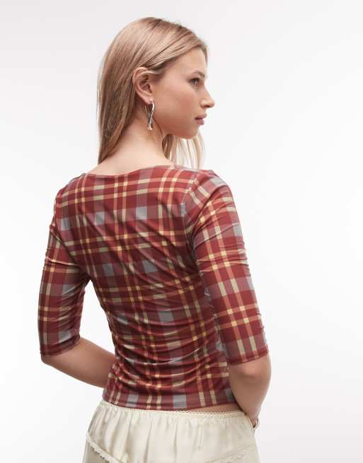 Reclaimed Vintage - Rød top med 3/4-ærmer og gingham-tern, 4 af 4