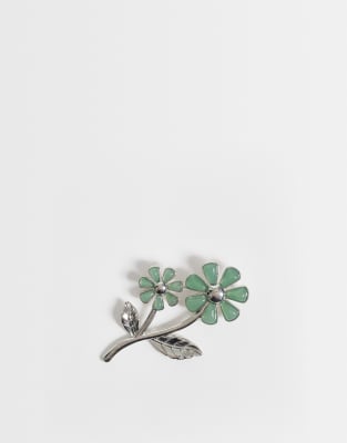 Reclaimed Vintage Real Semi Precious Flower Brooch In Green