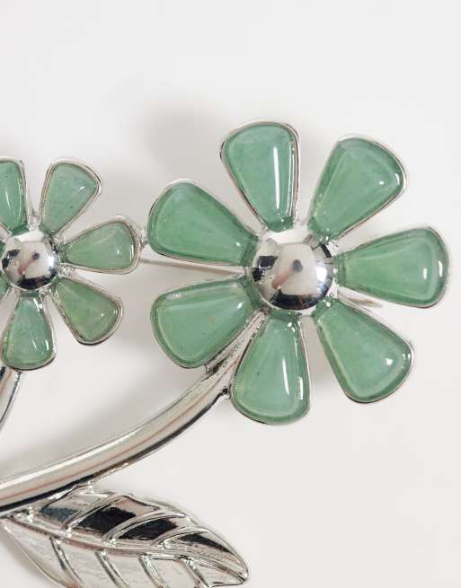 Reclaimed Vintage real semi precious flower brooch in silver, 2 of 3