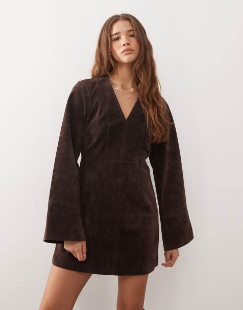 Reclaimed Vintage real suede mini tailored dress with cinched waist in chocolate brown