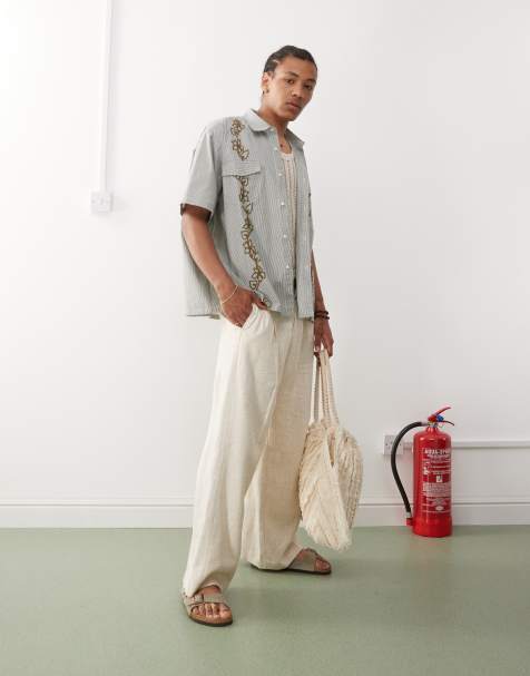 Reclaimed Vintage - Recht overhemd met korte mouwen en geborduurde wijnranken in groene strepen - view 1