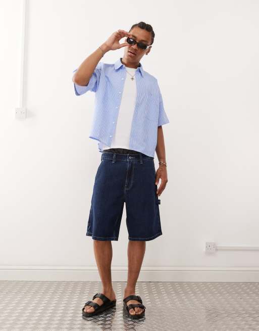 Reclaimed Vintage short sleeve boxy shirt in blue pinstripes
