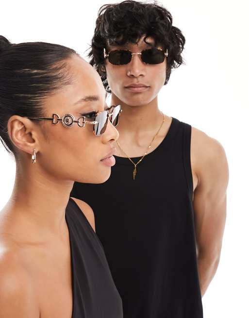 Reclaimed Vintage – Rechteckige Unisex-Sonnenbrille im 90er-Stil in Schildpatt-Optik mit Draht-Design