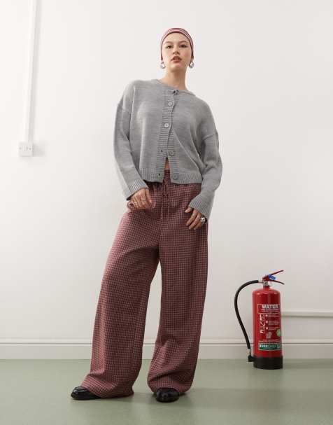 Reclaimed Vintage relaxed baggy pull on pants in burgundy check - view 1