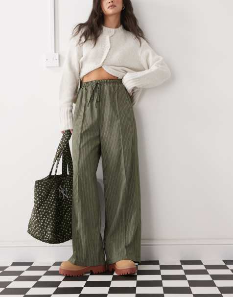 Reclaimed Vintage relaxed pull on pants with side stripe detail in green pinstripe - view 1
