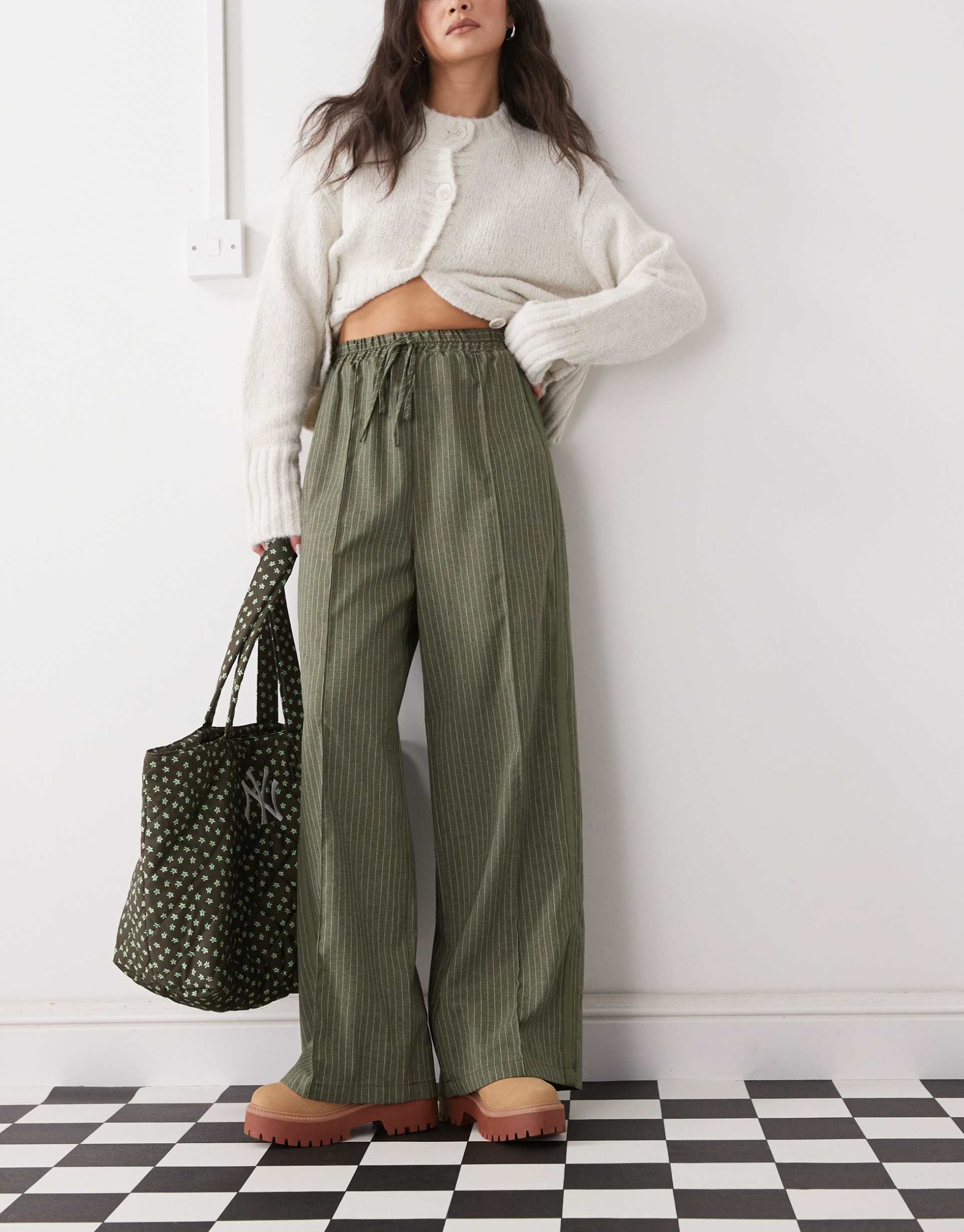 reclaimed vintage relaxed pull on pants with side stripe detail in green pinstripe