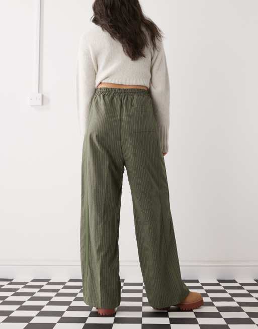 Reclaimed Vintage relaxed pull on pants with side stripe detail in green pinstripe, 4 of 5