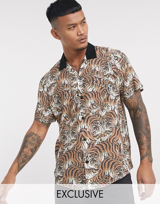 Reclaimed Vintage revere shirt with tiger print