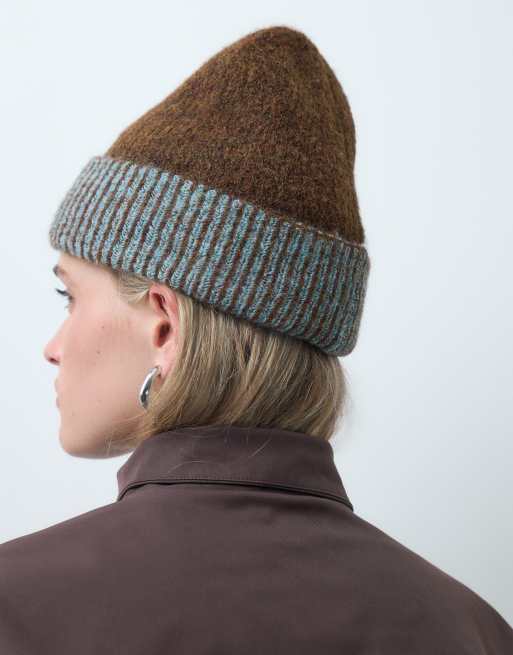 Reclaimed Vintage reversible beanie in chocolate brown and blue, 3 of 3