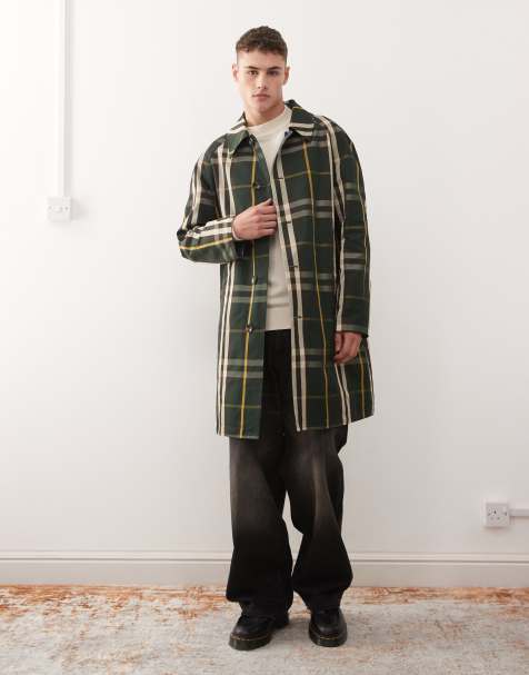 Reclaimed Vintage reversible check printed longline mac in navy - view 1