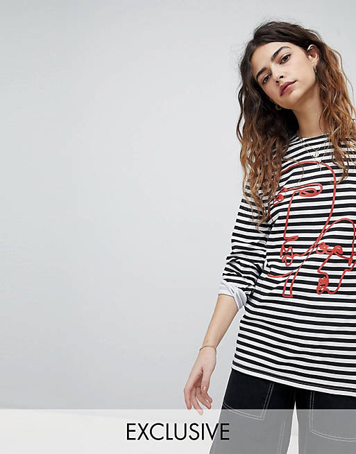 Reclaimed Vintage Revived Breton Stripe Top With Face Print